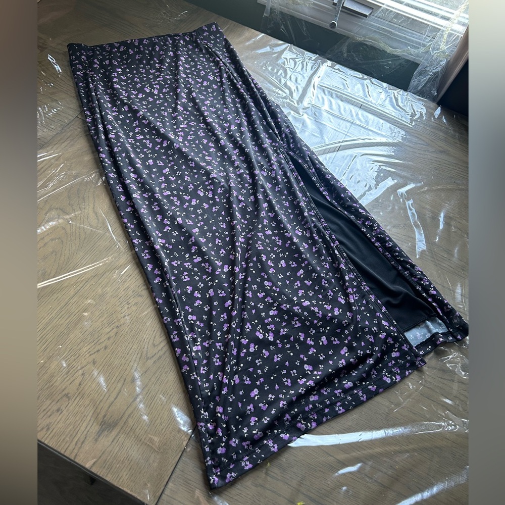 Free People Black and Purple Floral Slit Maxi Skirt